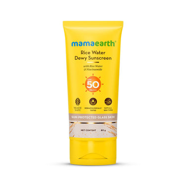 Mamaearth Rice Water Dewy Sunscreen with SPF 50 & PA++++ | UVA & UVB Protection | Tan Protection | Gives Glass Skin Glow | No White Cast | For All Skin Types | 80 g
